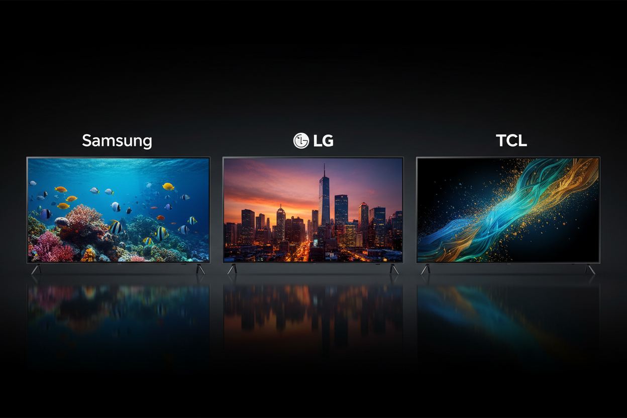Samsung LG TCL TVs with labels